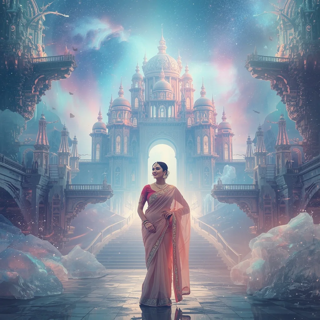 Festive Pastel Saree Infinite Crystal Aurora Citadel Collage Premium | Prompt Seen Girl