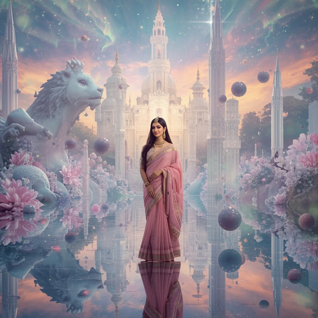 Festive Pastel Saree Infinite Crystal Aurora Eternal Kingdom Collage Premium | Free Ai Prompt