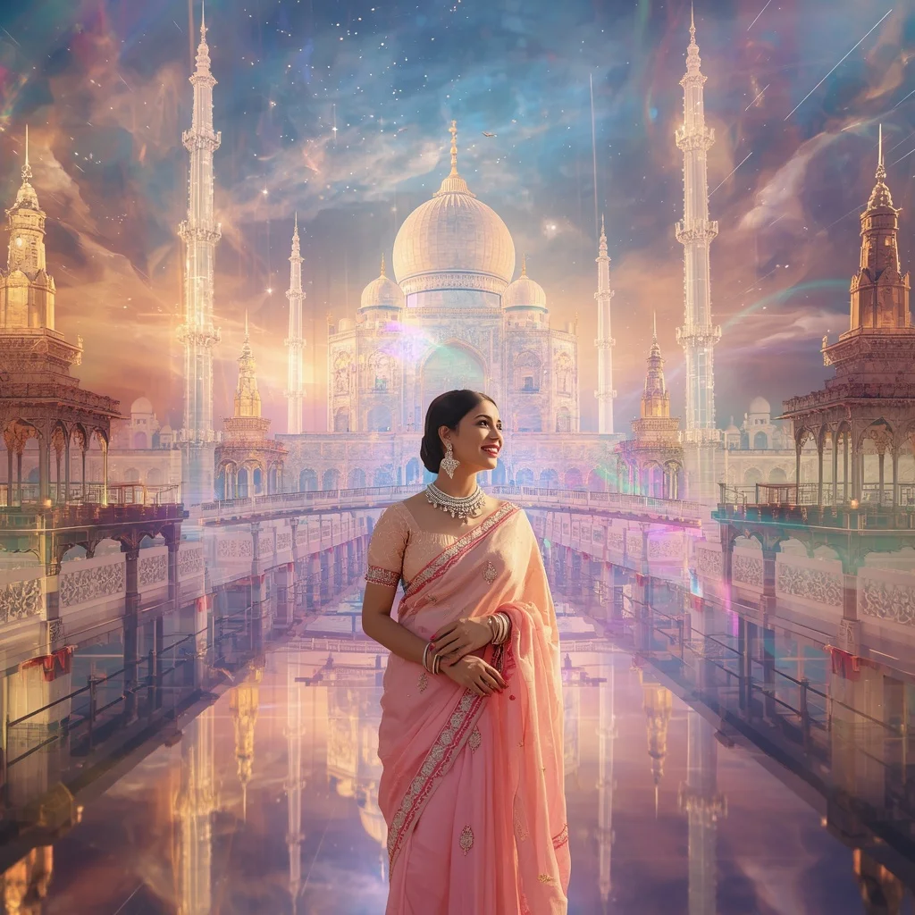 Festive Pastel Saree Infinite Crystal Aurora Eternity Realm Collage Premium | Instagram Viral Photo Prompt