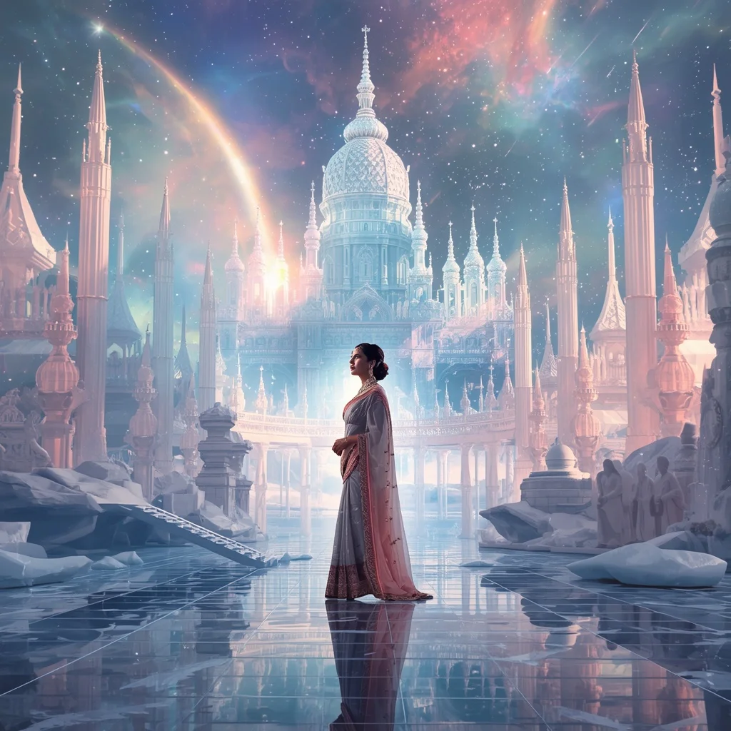 Festive Pastel Saree Infinite Crystal Aurora Kingdom Of Eternity Collage Premium | Prompt For Girls Trending