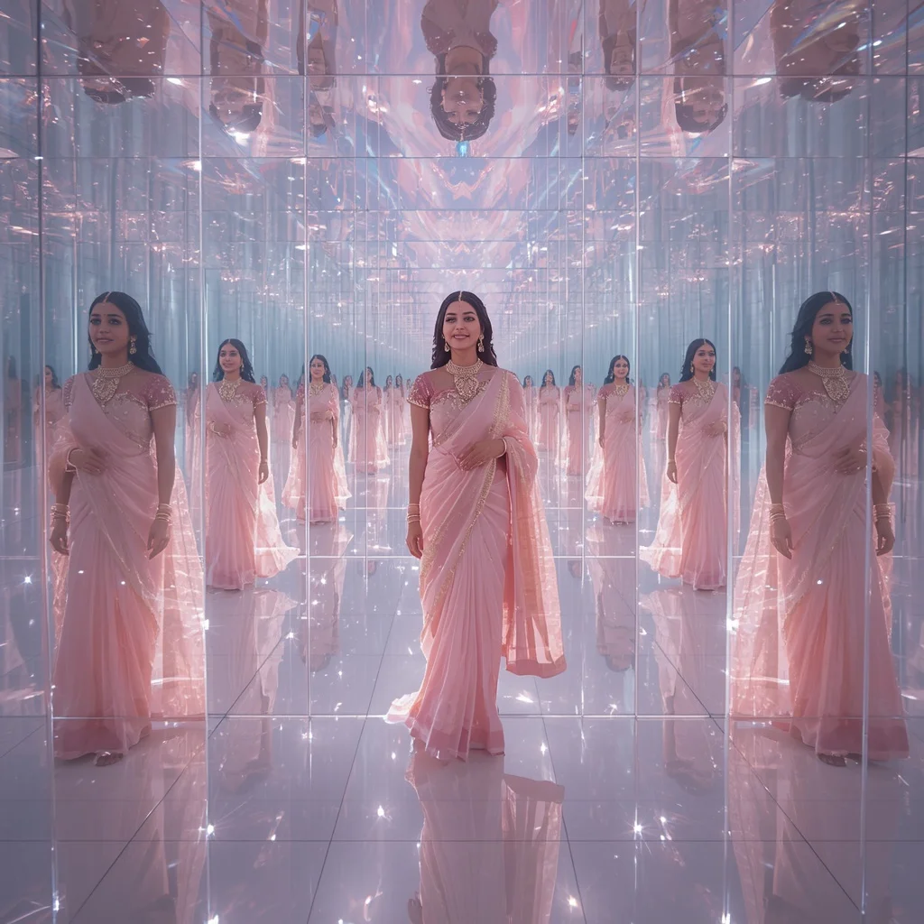 Festive Pastel Saree Infinite Crystal Aurora Palace Corridor Collage Luxury Cinematic | Style Ai Prompt