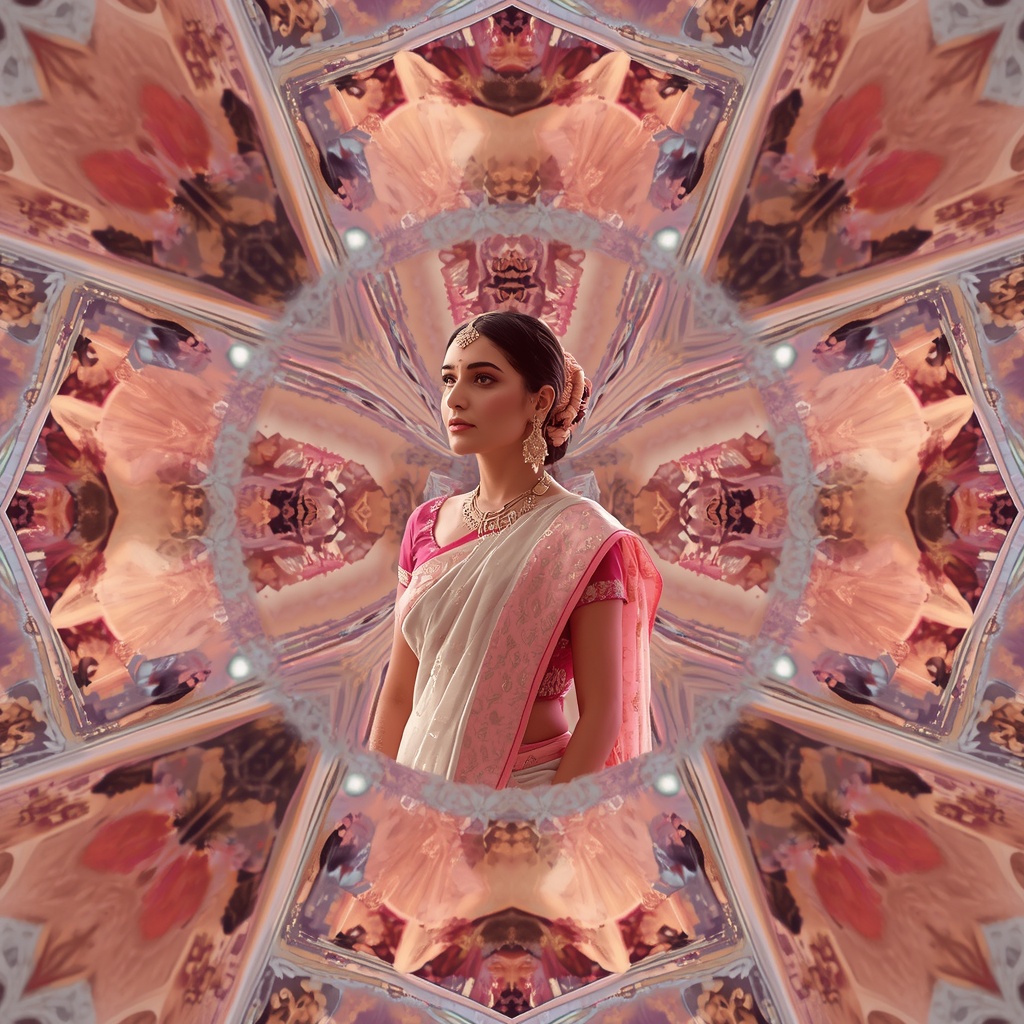 Festive Pastel Saree Infinite Glass Kaleidoscope Collage Premium | Luxury Ai Prompt