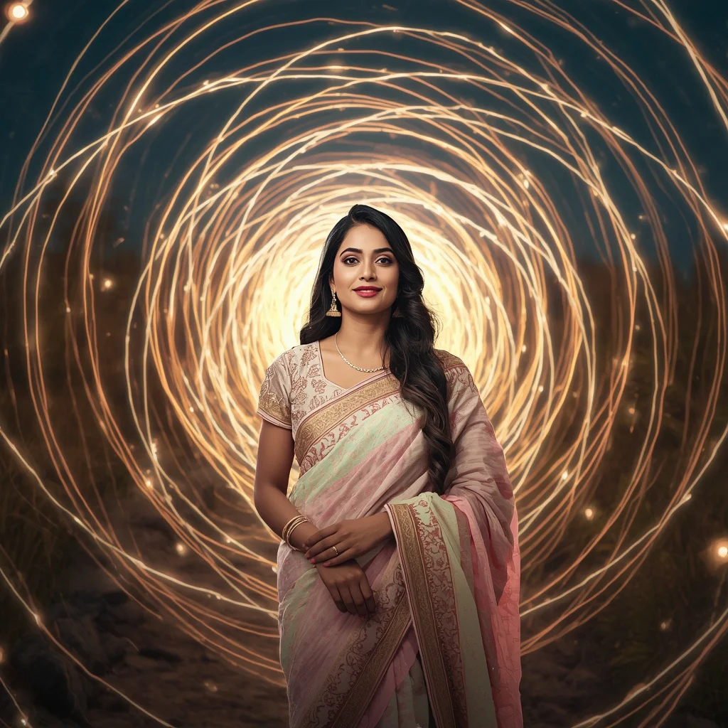 Festive Pastel Saree Infinite Light Orbit Celestial Paradise Collage Premium Cinematic | Female Model Ai Prompt