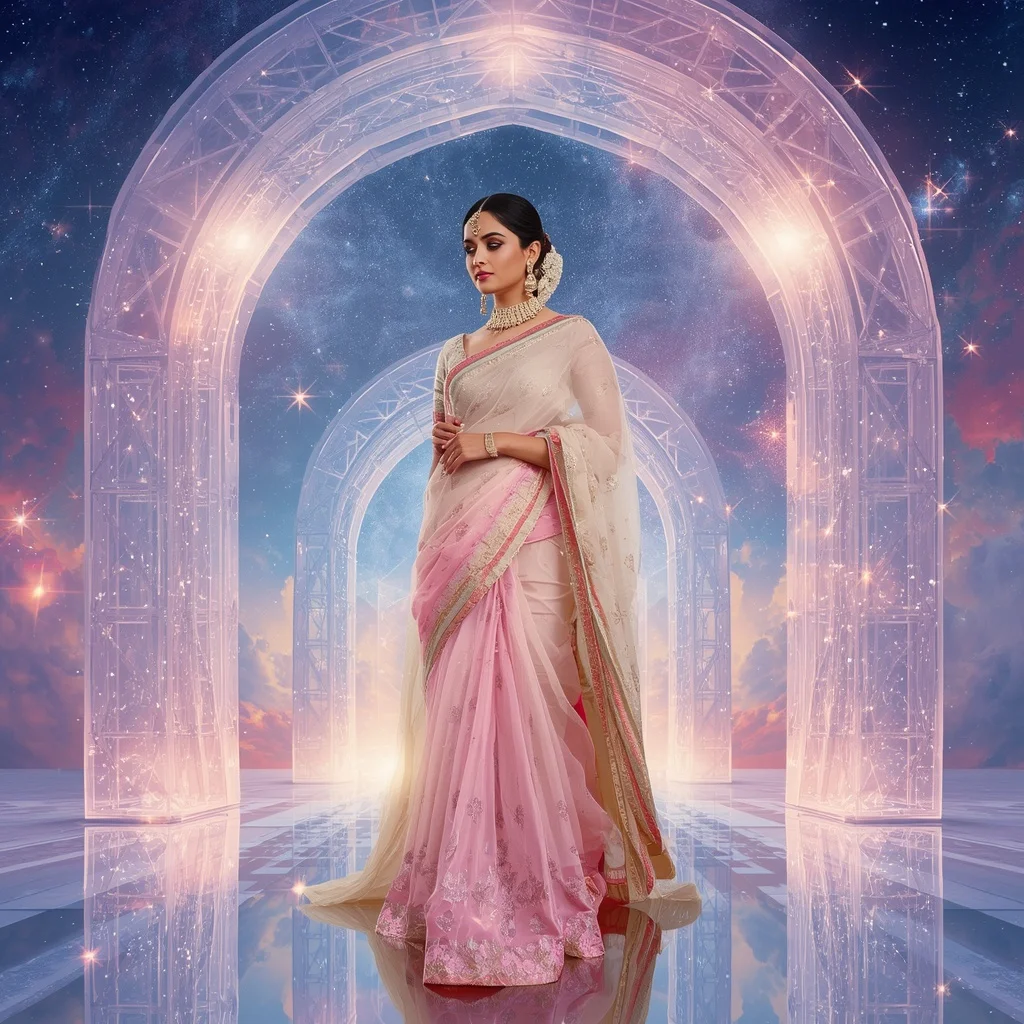 Festive Pastel Saree Infinity Crystal Galaxy Archway Collage Premium Fashion | Korean Ai Prompt