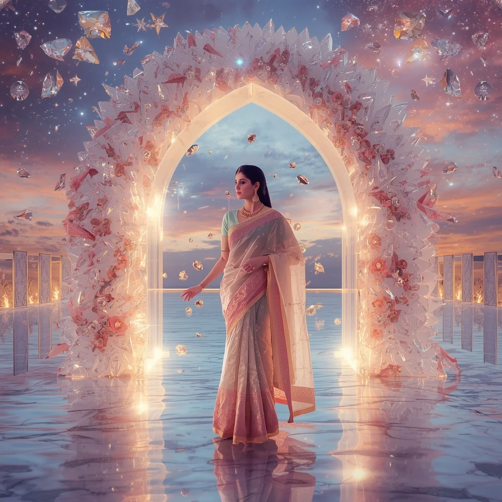 Festive Pastel Saree Infinity Crystal Starlight Gateway Collage Premium Fashion | Photo Prompt