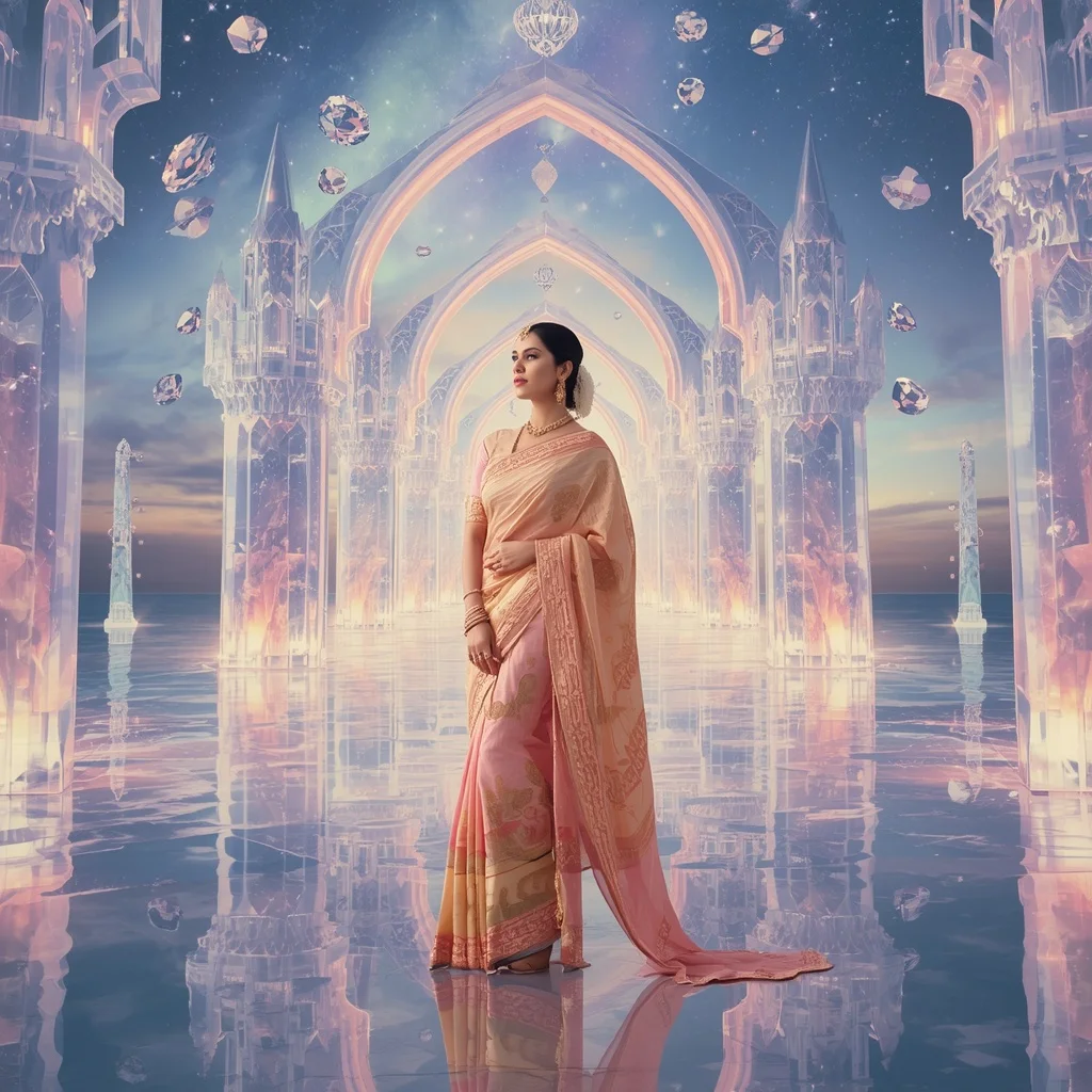 Festive Pastel Saree Infinity Diamond Aurora Cathedral Collage Premium Fashion | Woman Pose Ai Prompt
