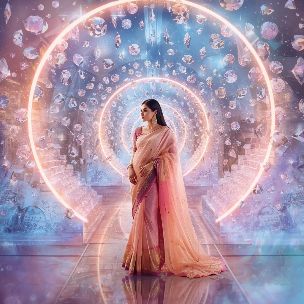 Festive Pastel Saree Infinity Diamond Aurora Spiral Temple Collage Premium Fashion | Realistic Ai Prompt