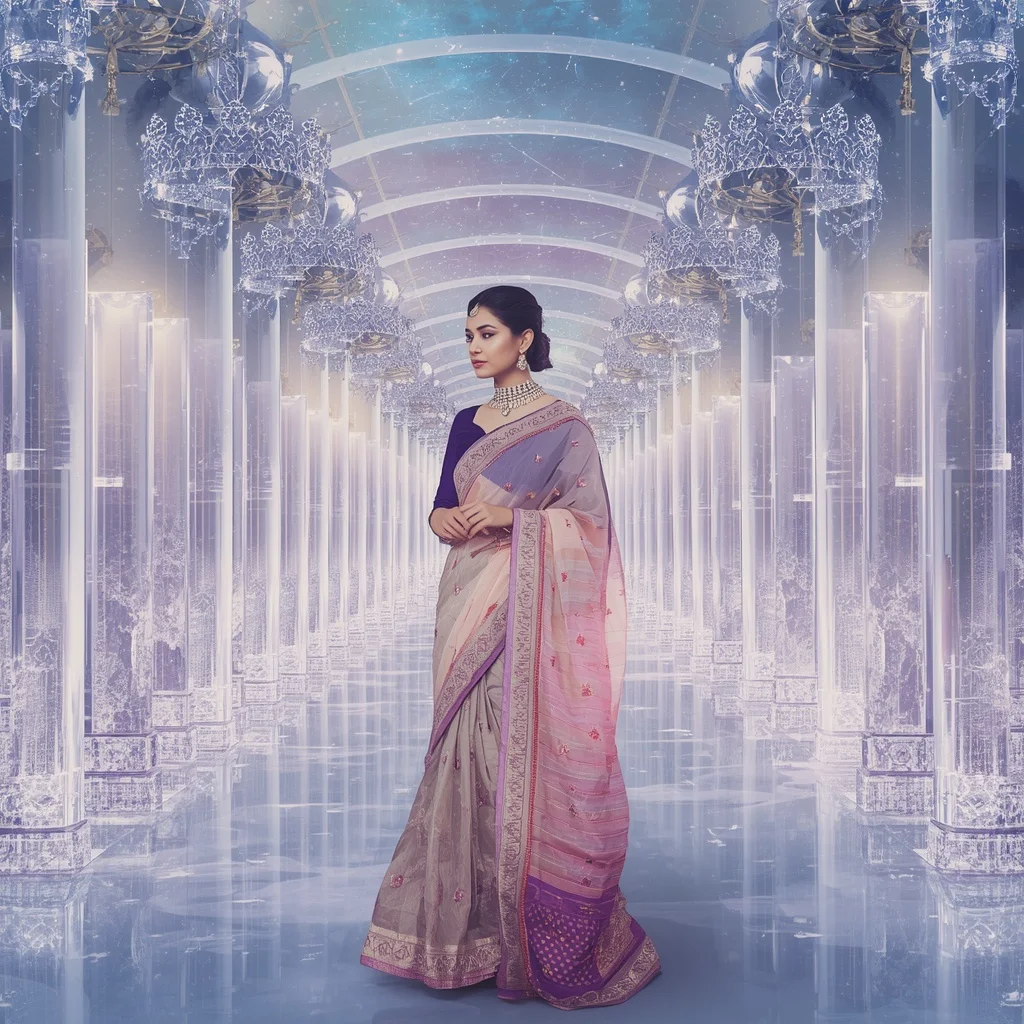 Festive Pastel Saree Infinity Diamond Celestial Crown Corridor Collage Premium Fashion | Image To Prompt