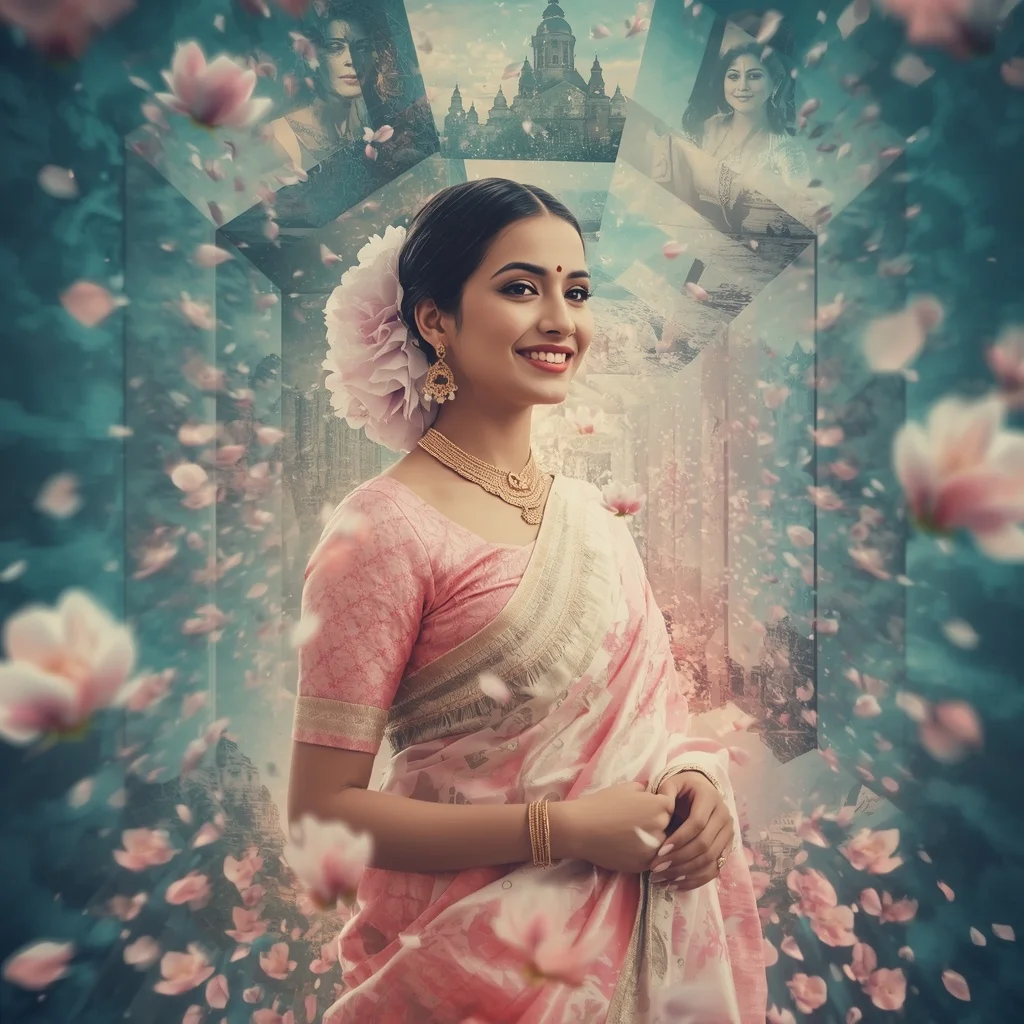 Festive Pastel Saree Layered Aurora Magnolia Worlds Collage Cinematic | Ai Portrait Prompt