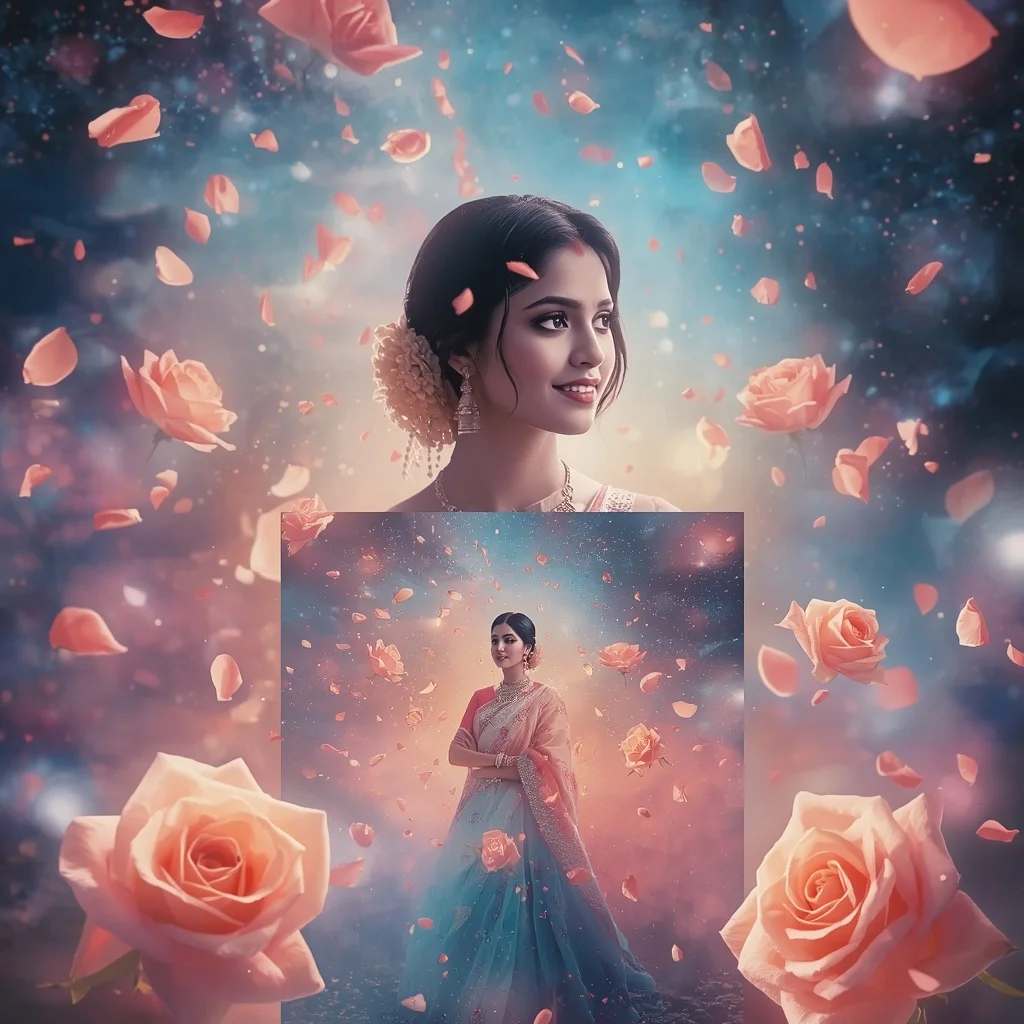 Festive Pastel Saree Layered Aurora Rose Hyperverse Collage Cinematic | Prompt Seen Girl Kurti