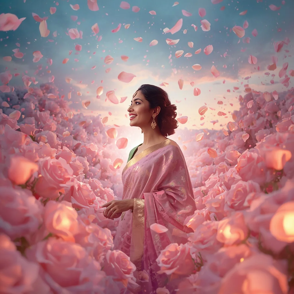 Festive Pastel Saree Layered Aurora Rose Worlds Collage Cinematic | Traditional Saree Ai Prompt