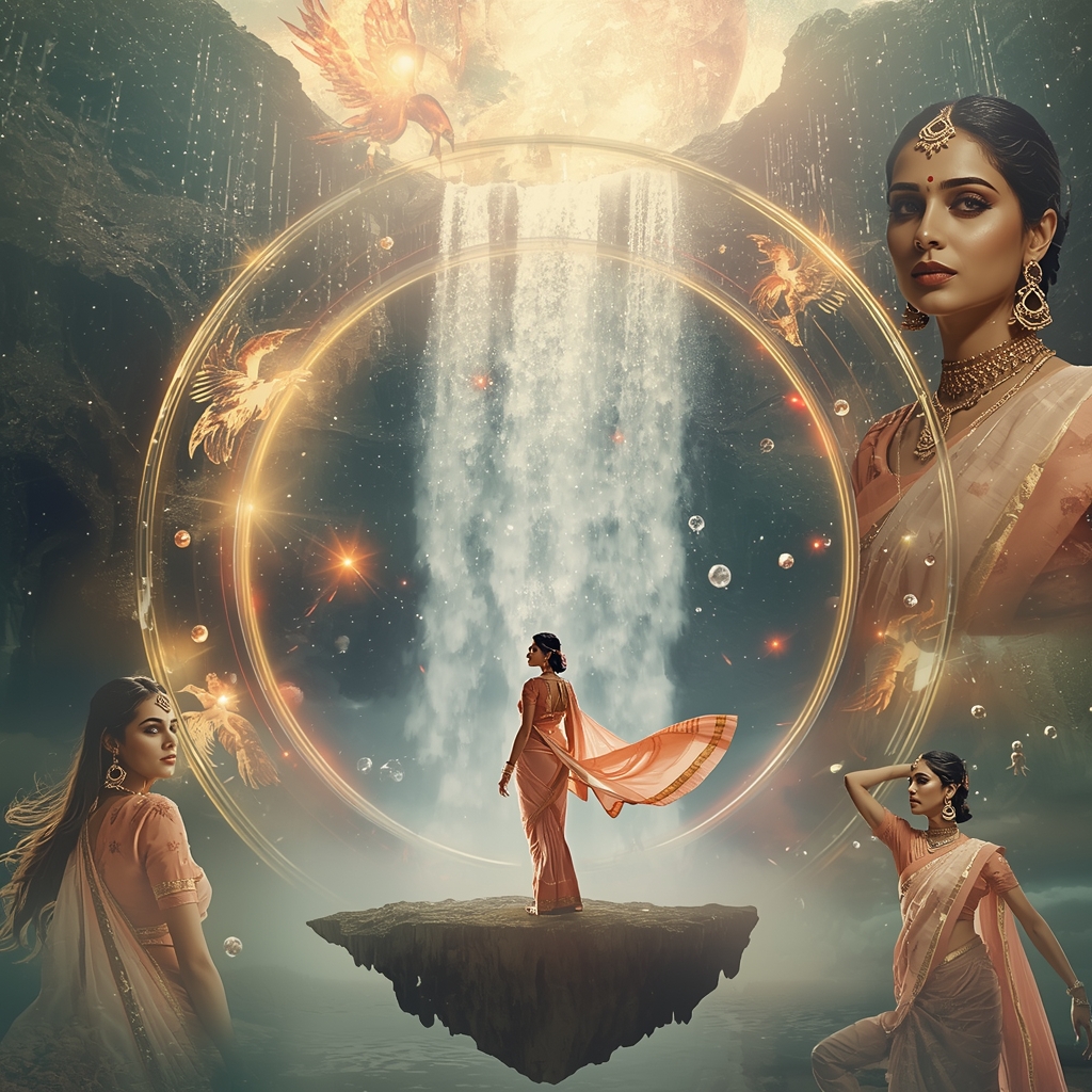 Festive Pastel Saree Legendary Phoenix Crystal Waterfall Collage | Mythical Portal Prompt | Gemini Saree Prompt For Instagram