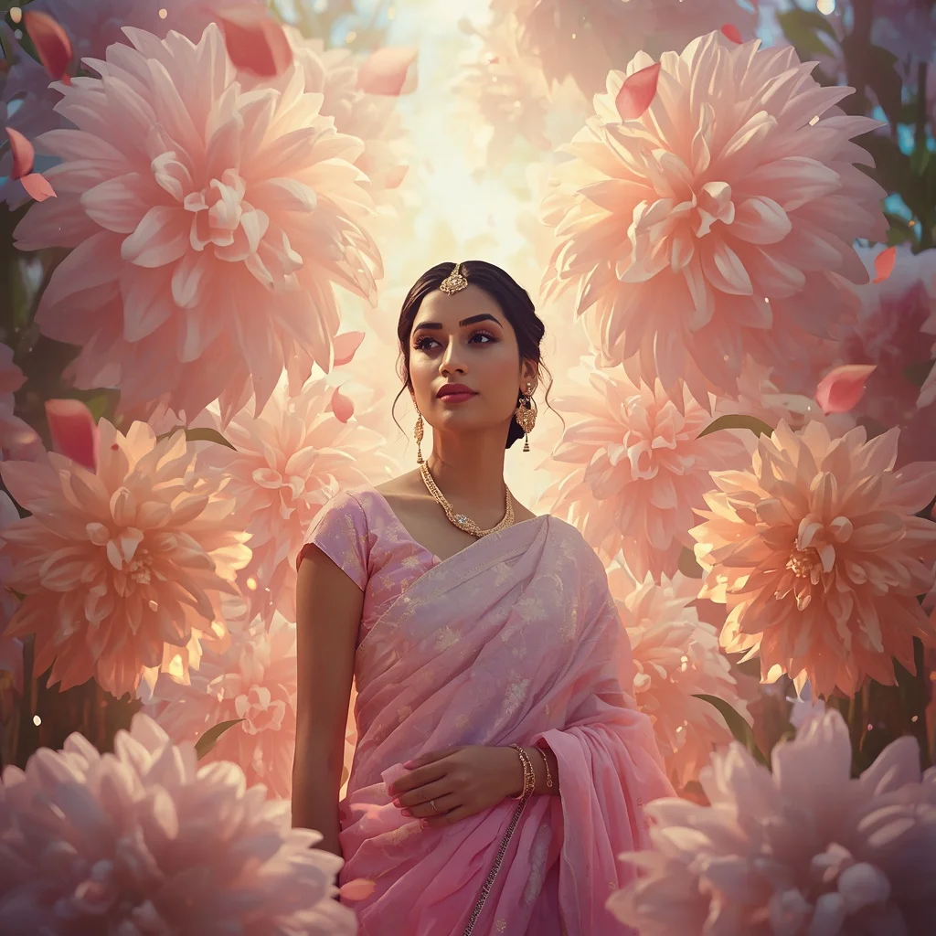 Festive Pastel Saree Light Dahlia Galaxy Kingdom Collage Cinematic | Gym Influencer Ai Prompt
