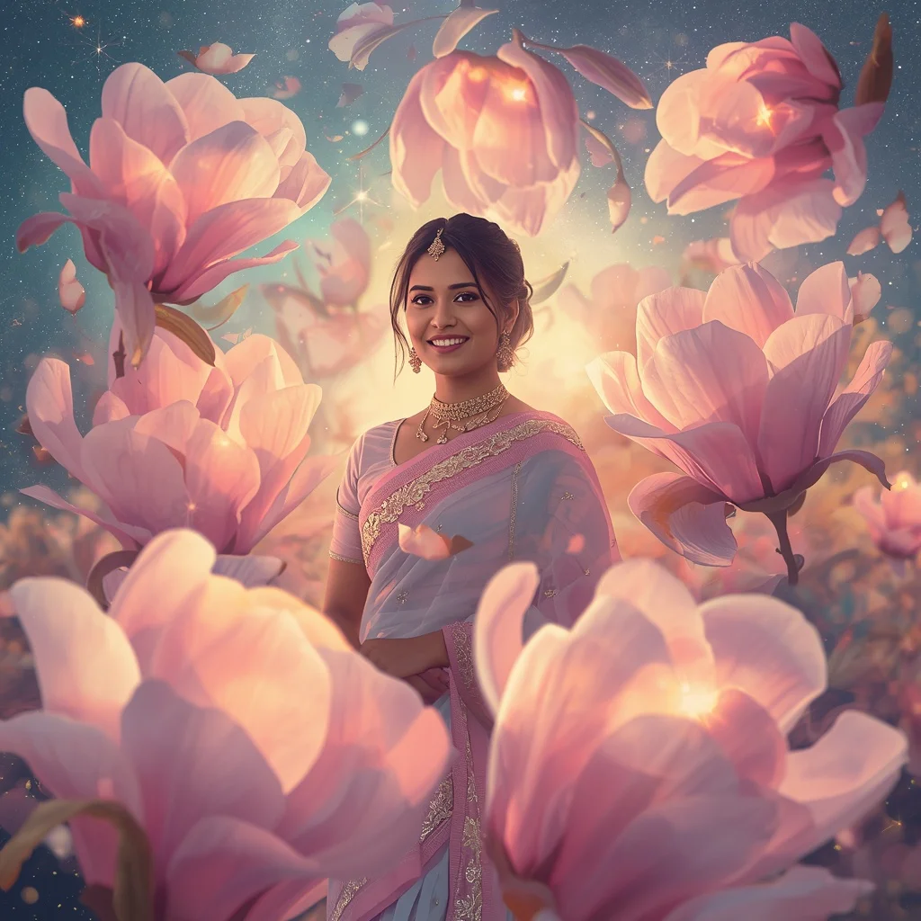 Festive Pastel Saree Light Magnolia Galaxy Realm Collage Cinematic | Ai Photo Editing Prompt