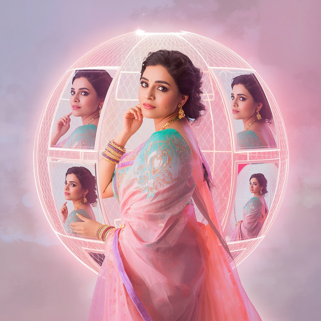 Festive Pastel Saree Light Mesh Dome Orbit Collage Premium | Romantic Ai Prompt