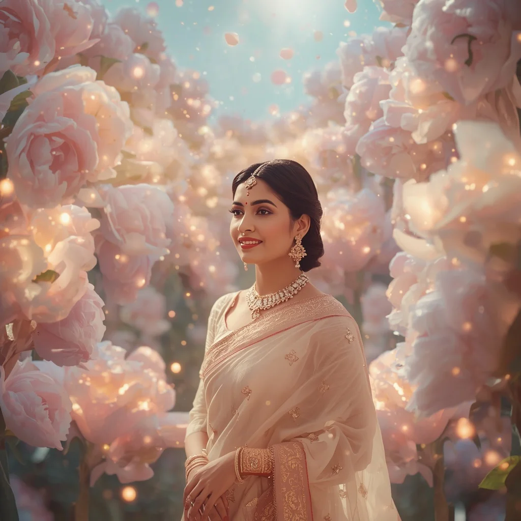 Festive Pastel Saree Light Peony Constellation Empire Collage Cinematic | Ai Selfie Prompt