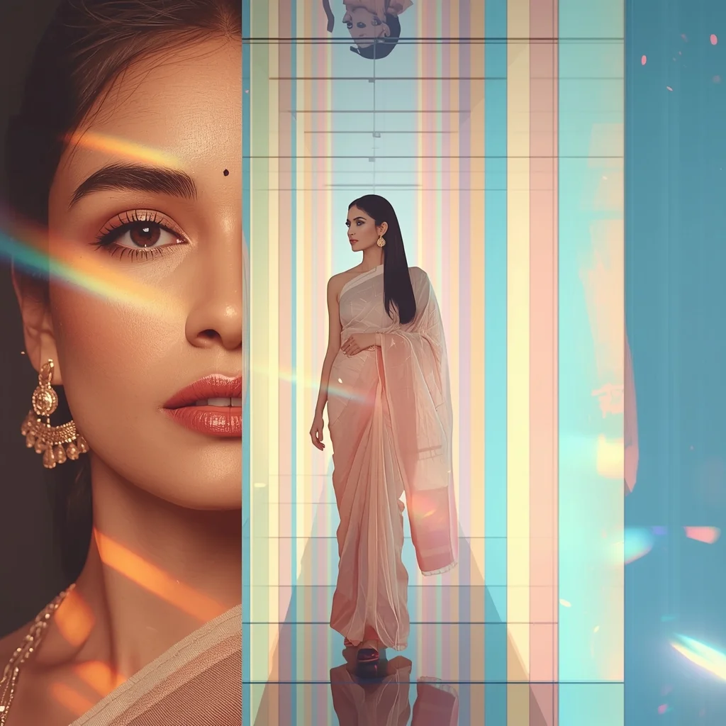 Festive Pastel Saree Light Prism Corridor | Indian Girl Refraction Depth Cinematic Viral Prompt | Chatgpt Photo Editing Prompts For Girl In Saree