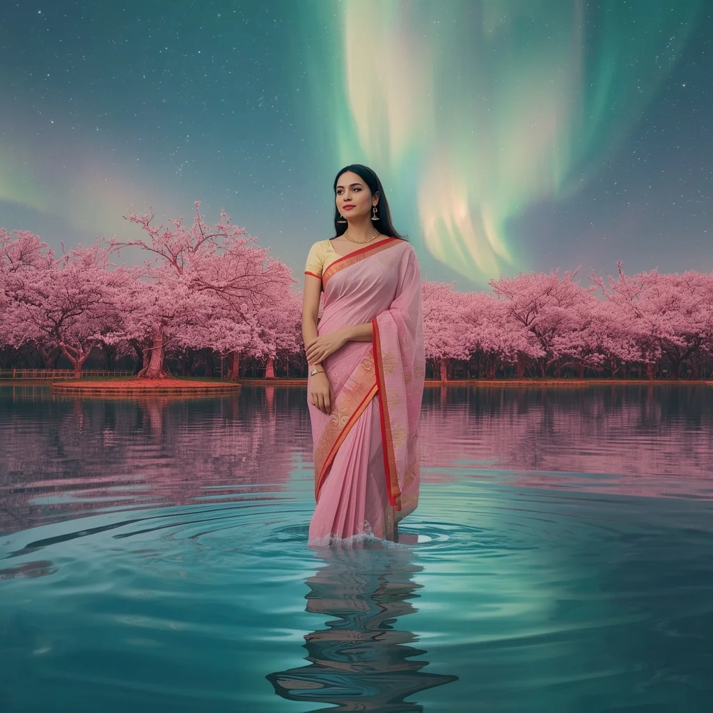Festive Pastel Saree Liquid Aurora Celestial Lake Collage Luxury Cinematic | Ai Image Prompt