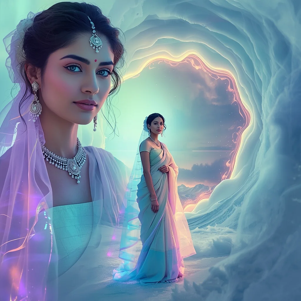 Festive Pastel Saree Liquid Aurora Storm Spiral Collapse Collage Prompt | Indian Saree Ai Prompt