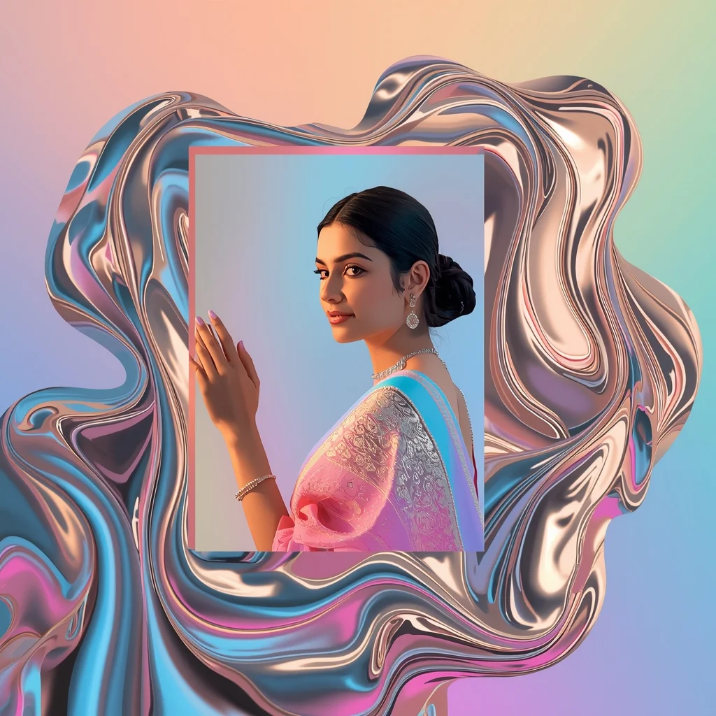 Festive Pastel Saree Liquid Chrome Fusion Collage | Indian Girl Metallic Flow Aesthetic Cinematic Viral Prompt | Traditional Saree Ai Prompt