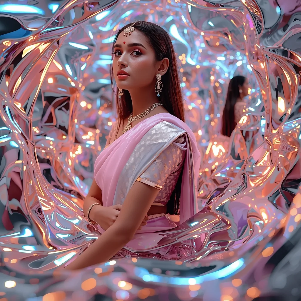 Festive Pastel Saree Liquid Metal Morph Collage | Indian Girl Chrome Flow Cinematic Viral Prompt | Trending Prompt Copy Paste