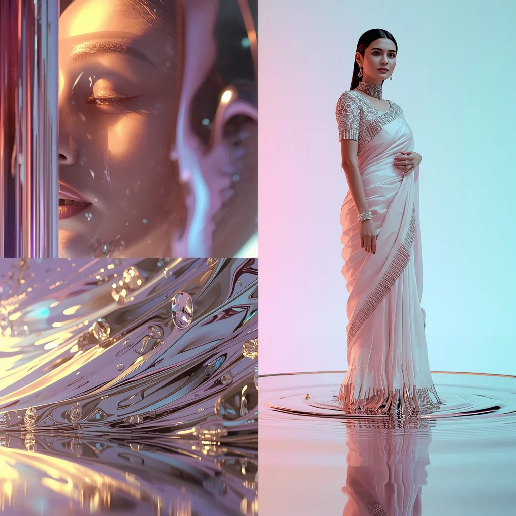 Festive Pastel Saree Liquid Mirror Collage | Indian Girl Reflective Melt Aesthetic Cinematic Viral Prompt | Saree Prompt Generator