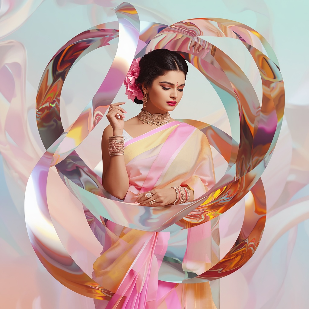 Festive Pastel Saree Liquid Mirror Ribbon Orbit Collage Luxury | Lighting Ai Prompt