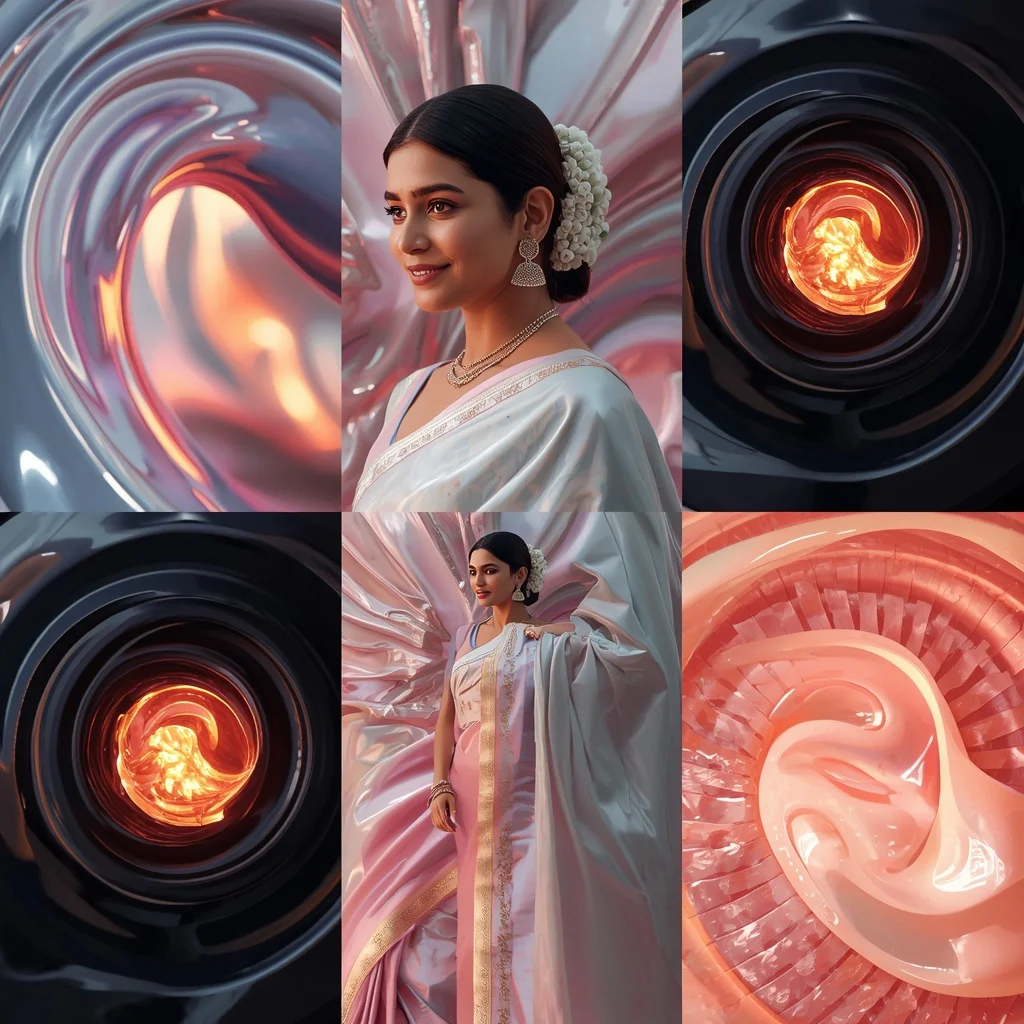 Festive Pastel Saree Liquid Obsidian and Magma Flow Collage | Woman Pose Ai Prompt