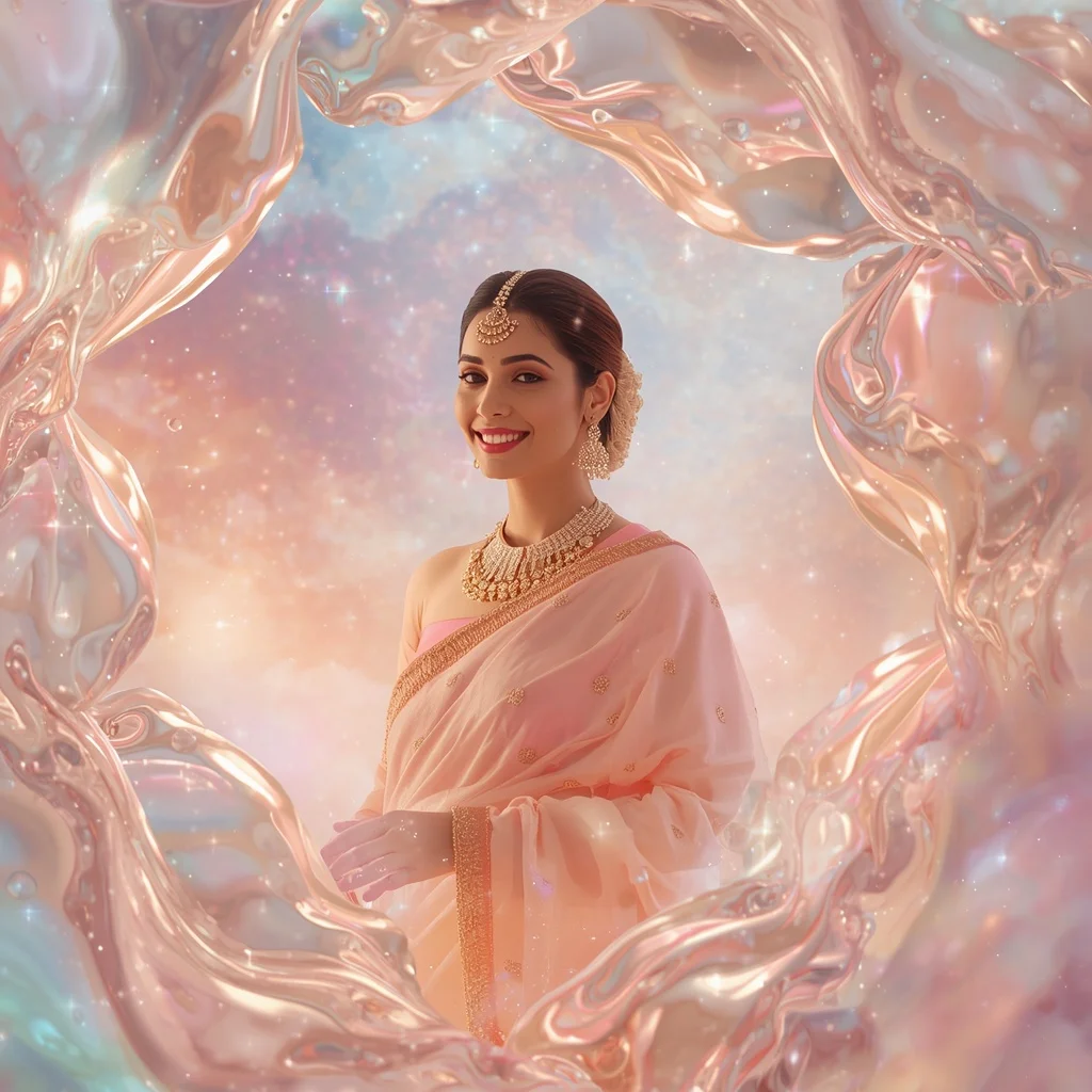 Festive Pastel Saree Liquid Pearl Aurora Celestial Kingdom Collage Luxury Cinematic | Cute Ai Prompt