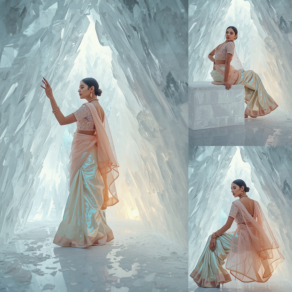 Festive Pastel Saree Luminous White Crystal Cavern | Indian Bride Saree Ai Prompt