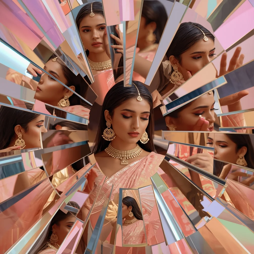 Festive Pastel Saree Mirror Prism Burst Collage | Indian Girl Reflection Explosion Aesthetic Cinematic Viral Prompt | Saree Pose Ai Prompt