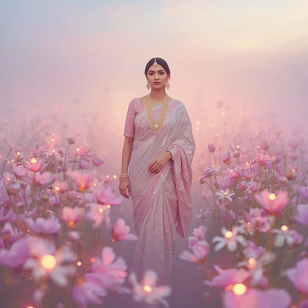 Festive Pastel Saree Mist Crystal Cosmos Fields Collage Dream Cinematic | Saree Dp Ai Prompt