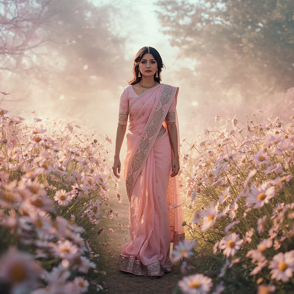 Festive Pastel Saree Mist Crystal Daisy Meadows Dream Collage | Prompt Seen Girl Photo Editing Trending