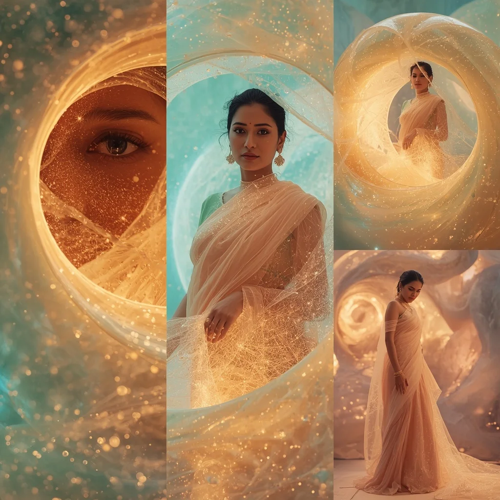 Festive Pastel Saree Molten Glass Blowing Zero-G Installation Collage | Indian Girl Ai Prompt