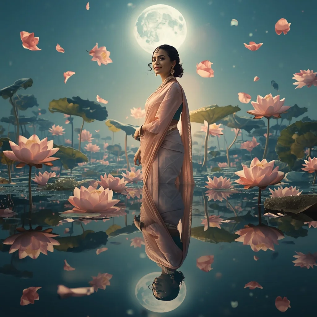 Festive Pastel Saree Moon Lotus Reflection Paradise Collage Cinematic | Gemini Ai Photo Prompt Copy Paste