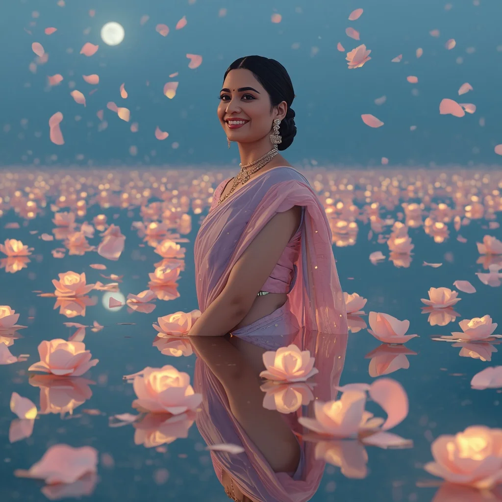 Festive Pastel Saree Moon Rosewater Lagoon Collage Cinematic | Instagram Prompt For Traditional Look For Girl