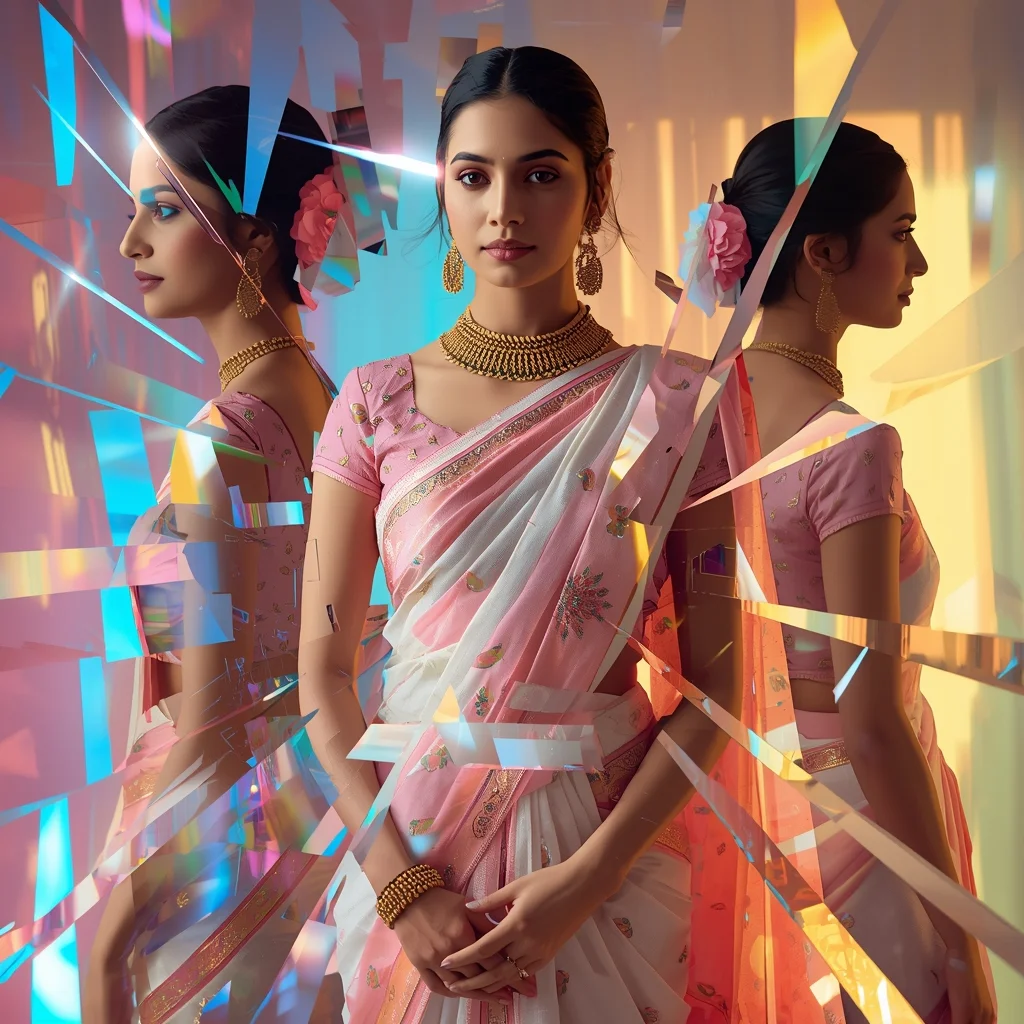 Festive Pastel Saree Multi Spectrum Light Fracture Collage Luxury Cinematic | Prompt For Girls College Instagram