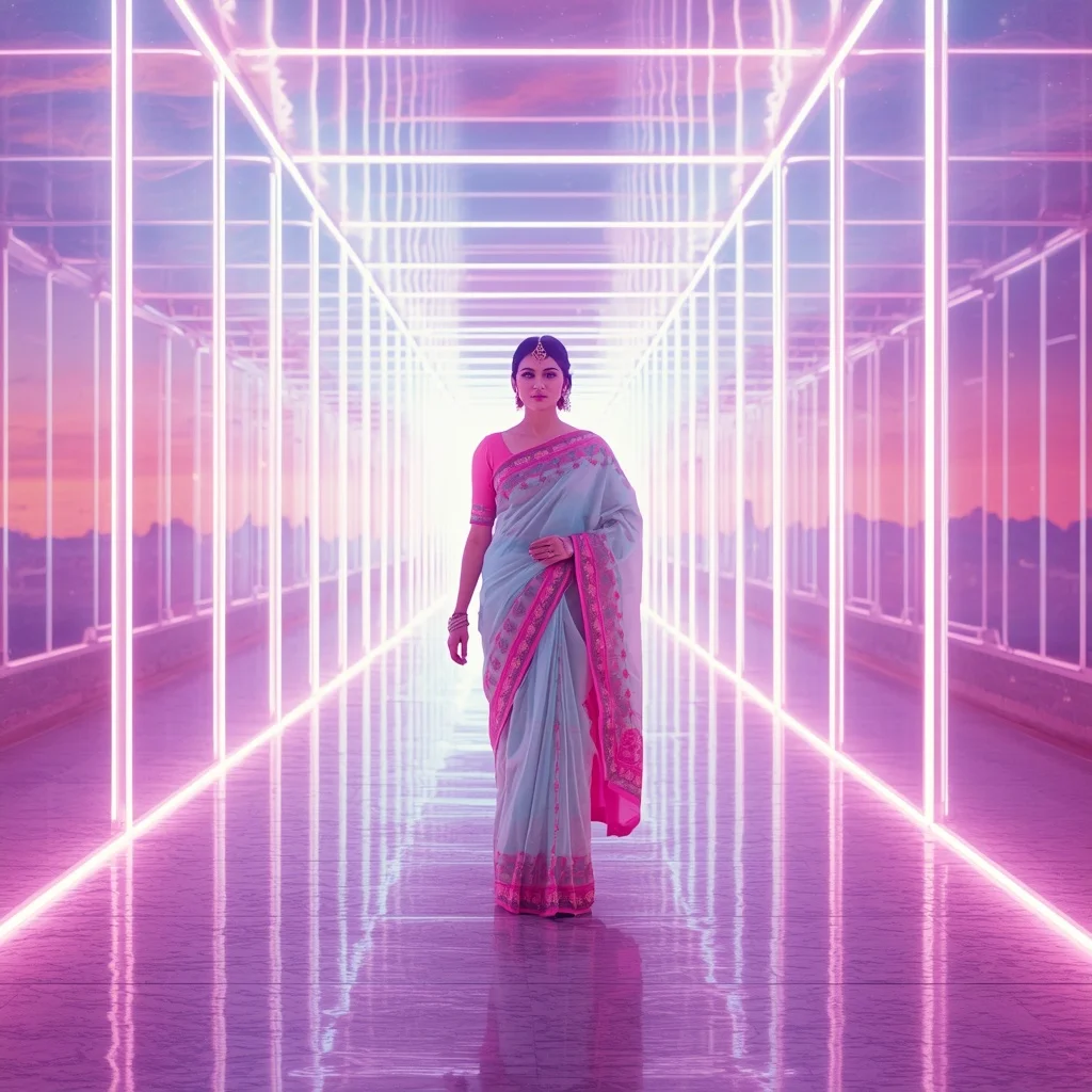 Festive Pastel Saree Neon Aurora Celestial Boulevard Collage Modern | Prompt Seen Girls AI Photo Editing