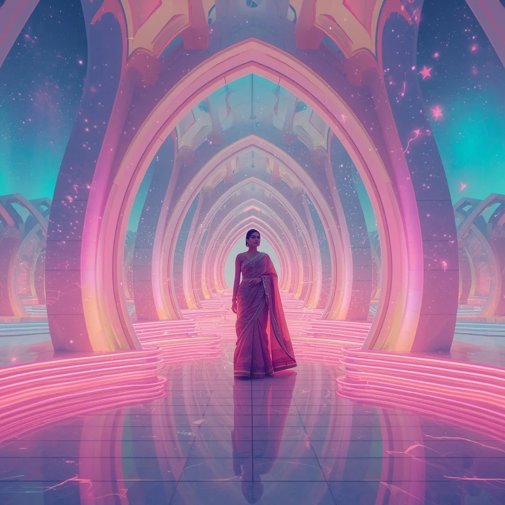 Festive Pastel Saree Neon Aurora Galaxy Amphitheater Collage Modern | Whatsapp Dp Ai Prompt