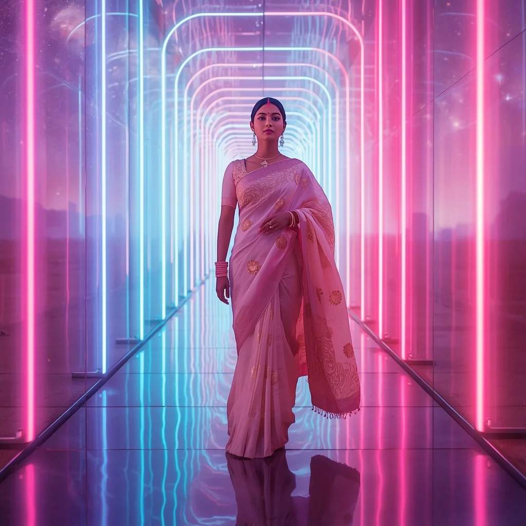 Festive Pastel Saree Neon Aurora Galaxy Passage Collage Modern | Prompt For Traditional Look For Girl Copy Paste