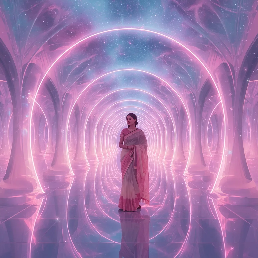 Festive Pastel Saree Neon Aurora Galaxy Pavilion Collage Modern | Ai Video Generator Prompt