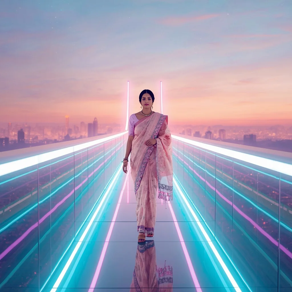 Festive Pastel Saree Neon Aurora Infinity Bridge Collage Modern | Prompt Gemini