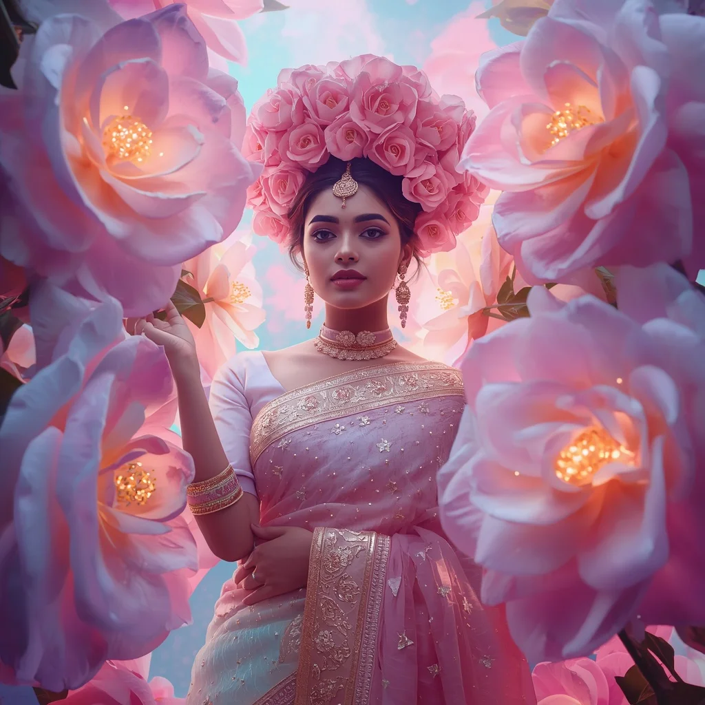 Festive Pastel Saree Neon Camellia Galaxy Crown Collage Modern | Prompt Seen Girl Photo Editing