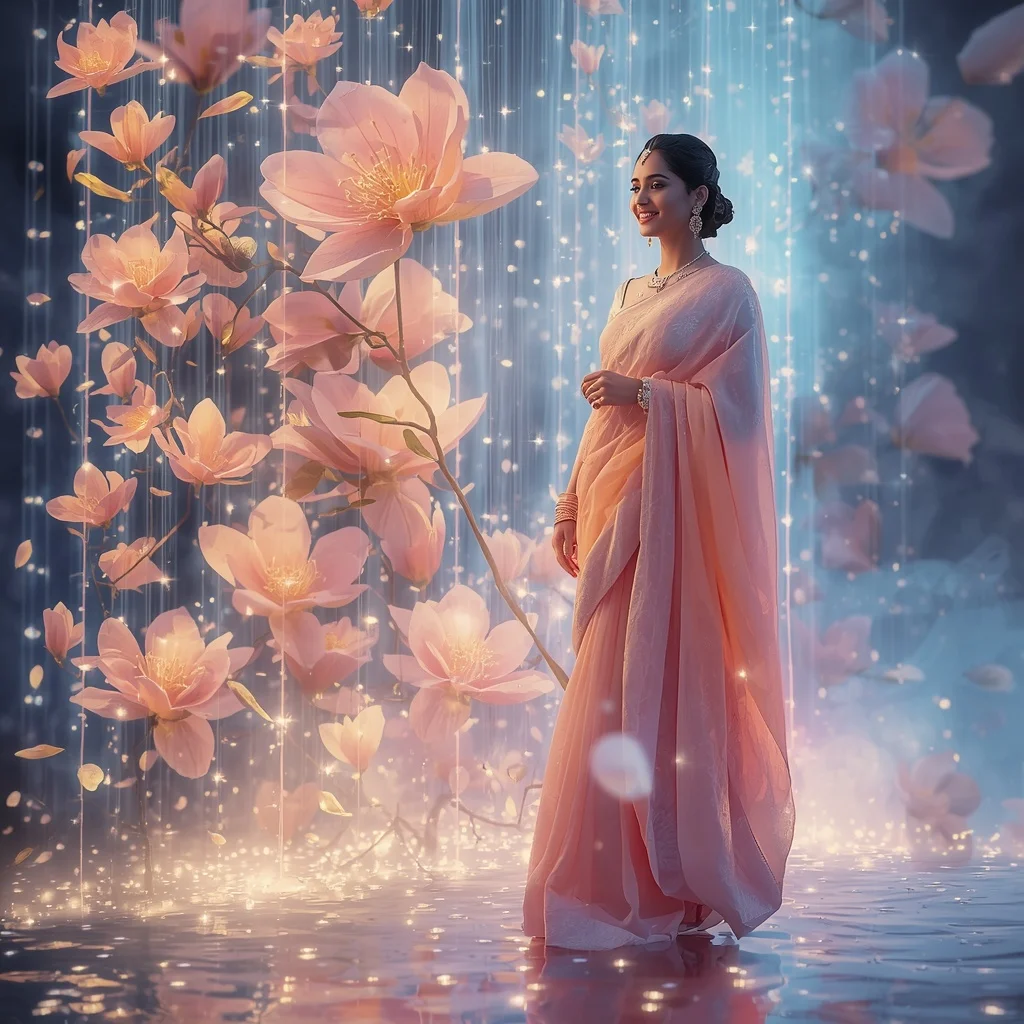 Festive Pastel Saree Neon Celestial Magnolia Cascade Collage Modern Cinematic | Trending Ai Prompt