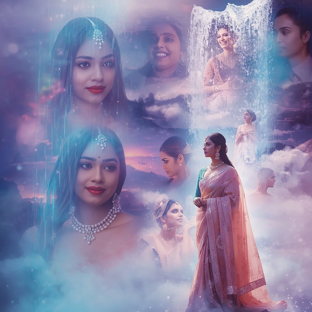 Festive Pastel Saree Neon Celestial Pearl Falls Collage Modern Cinematic | Prompt Generator