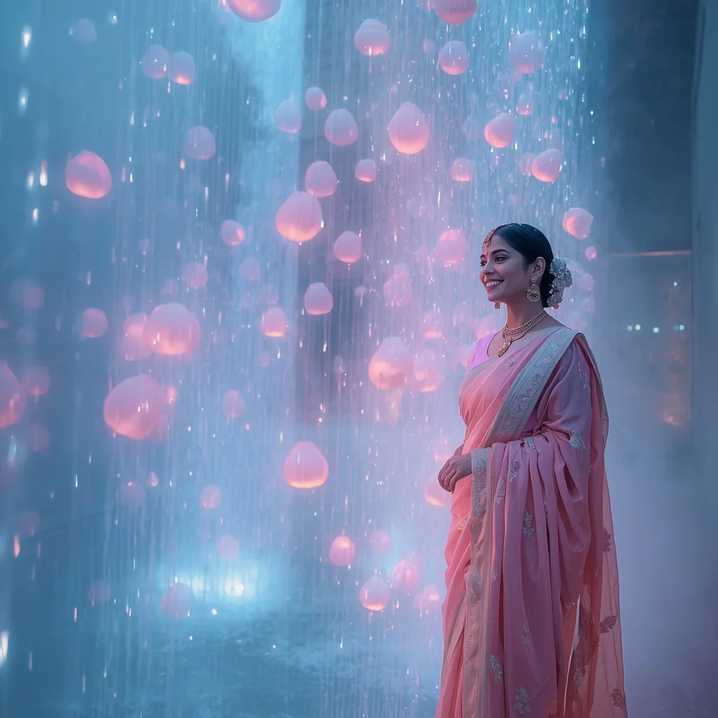 Festive Pastel Saree Neon Celestial Tulip Falls Collage Modern Cinematic | Modern Design Ai Prompt