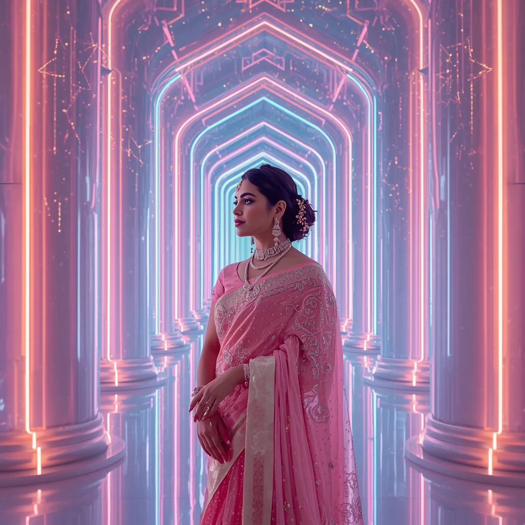 Festive Pastel Saree Neon Constellation Palace Of Light Collage Modern | Aesthetic Ai Prompt