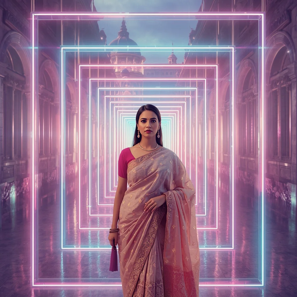 Festive Pastel Saree Neon Crystal Museum Frames Collage Modern Cinematic | Indian Girl Ai Prompt