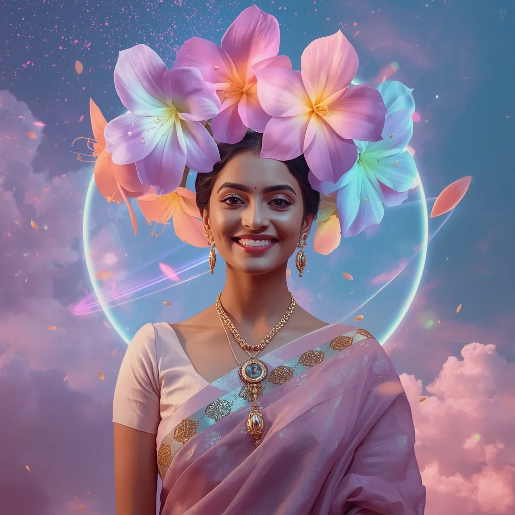 Festive Pastel Saree Neon Galaxy Gardenia Crown Collage Modern Cinematic | Prompt Seen Girl