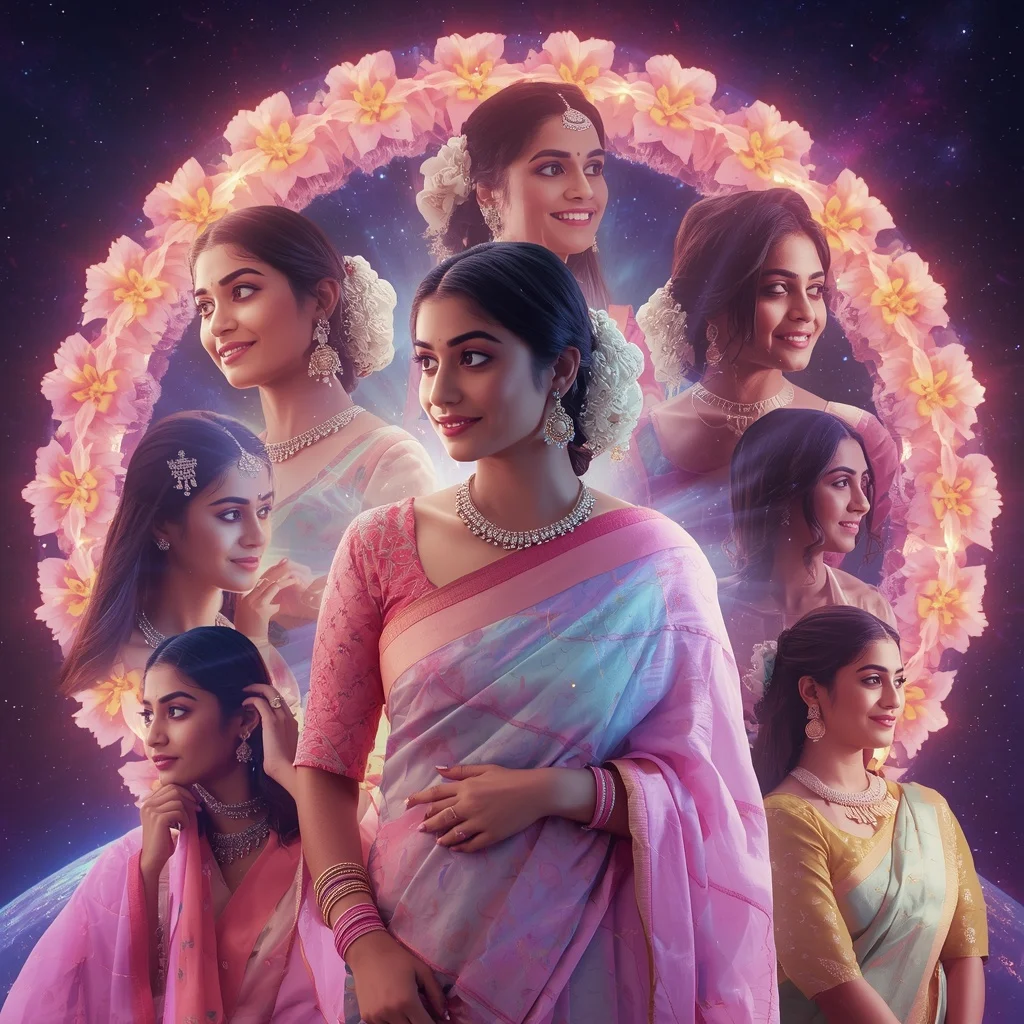 Festive Pastel Saree Neon Galaxy Jasmine Crown Halo Collage Modern Cinematic | Girl Prompt
